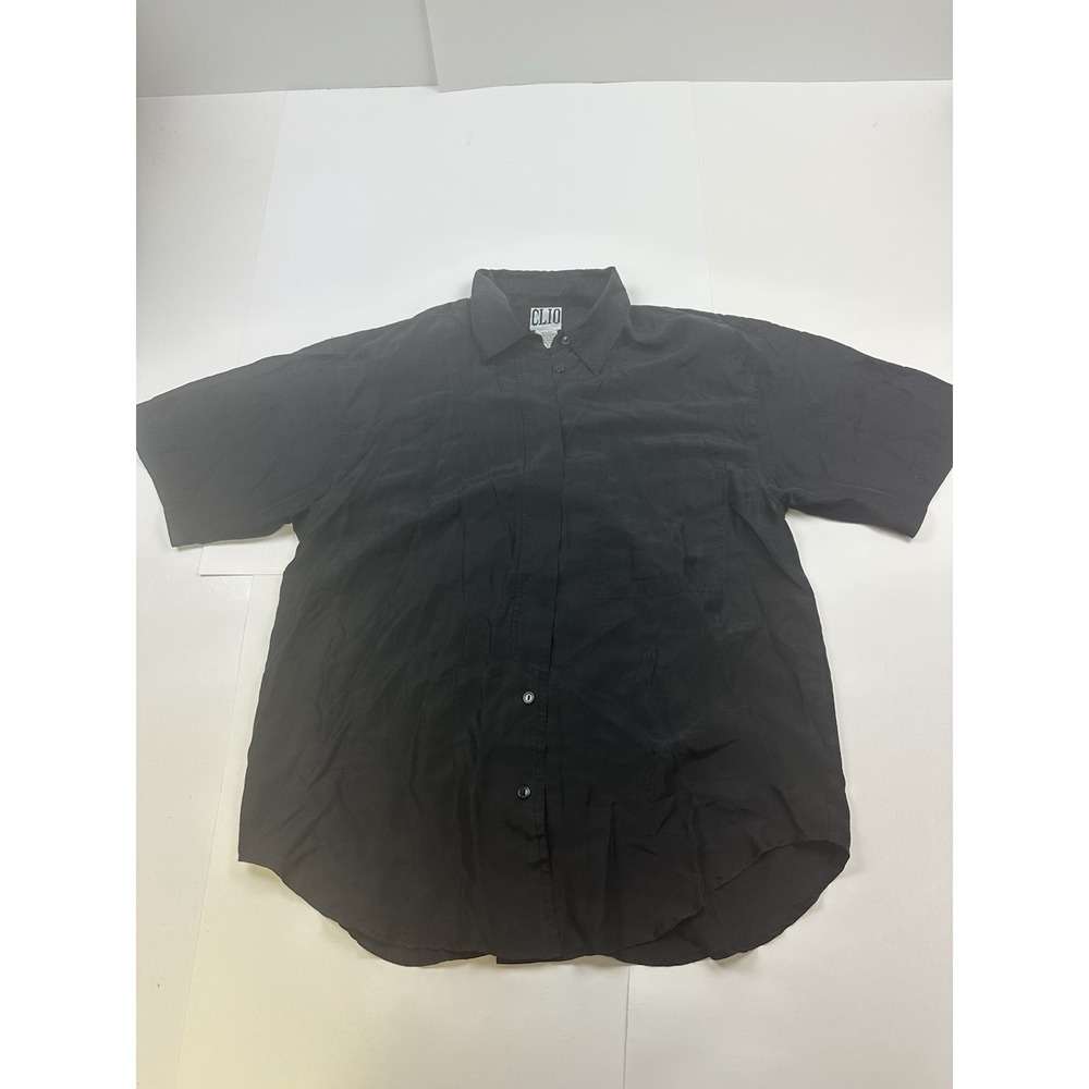 Vintage Clio 100% Silk Short Sleeve Button Down Shirt Size Small Black